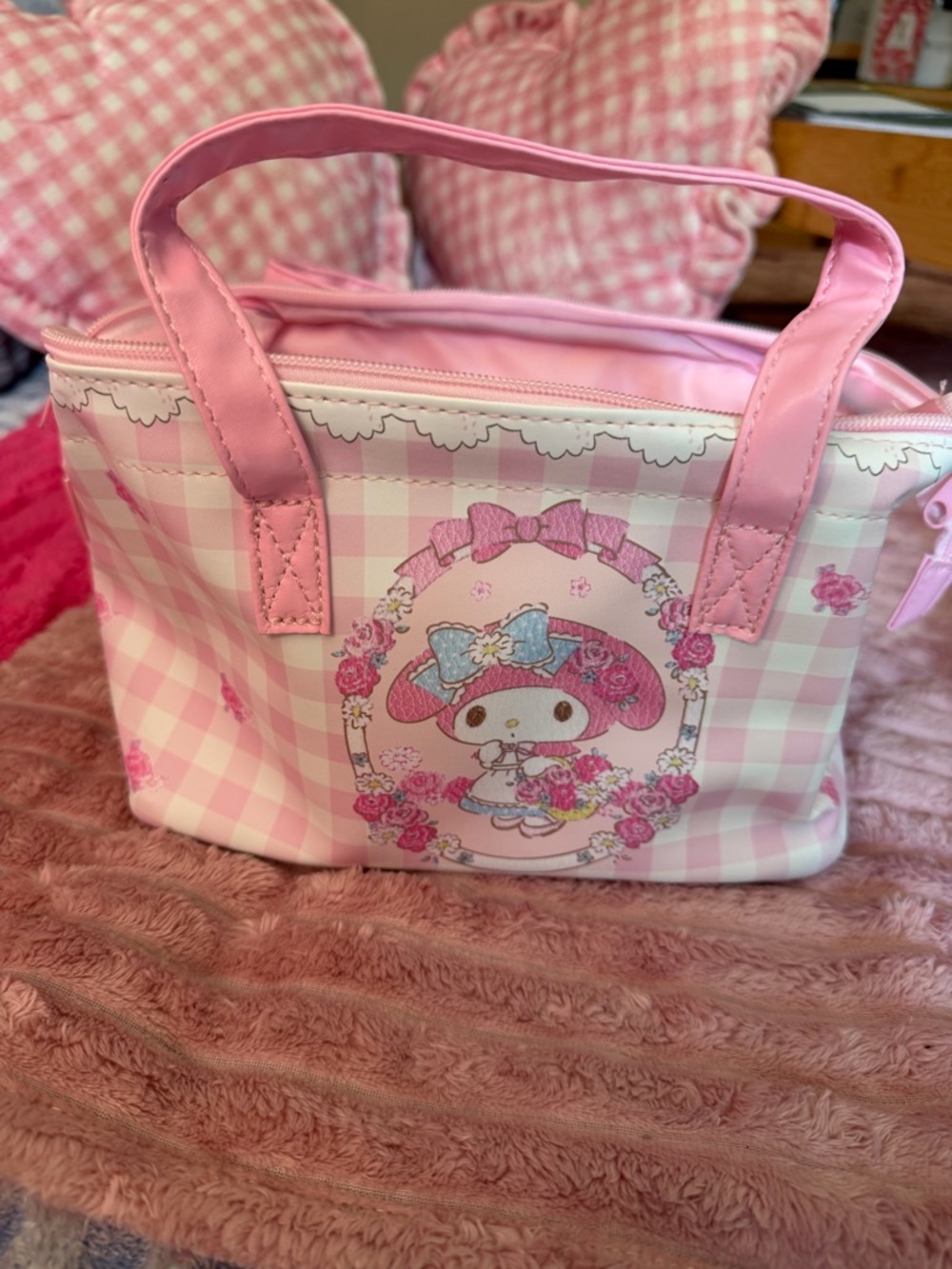Sanrio My Melody Pink Gingham Cosmetic Tote with Floral Frame
